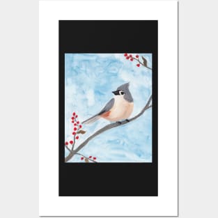 Tufted Titmouse with Holiday Berries Posters and Art